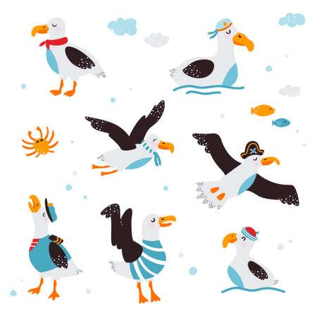 Set of funny baby pictures of albatross on a white isolated background. Vector illustration.のイラスト素材