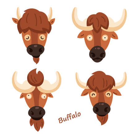 Set of cute bison. Sticker. Childrens, funny. Cartoon comic book style vector illustration of forest wild animals. Buffalo. Europe and North America animalsのイラスト素材