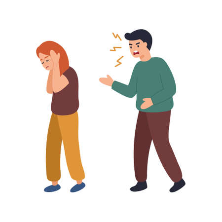 Angry man and woman characters quarreling. Vector flat cartoon illustrationのイラスト素材