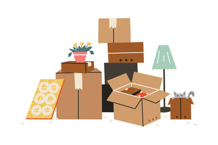 Moving to a new home. The family moved to a new home. Paper cardboard boxes with various household...