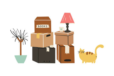 Moving to a new home. The family moved to a new home. Paper cardboard boxes with various household items. Vector illustration in a flat styleのイラスト素材