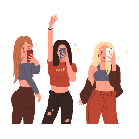 Set of three stylish young ladies taking a selfie on smartphone. Mirror view. Isolated on beige...