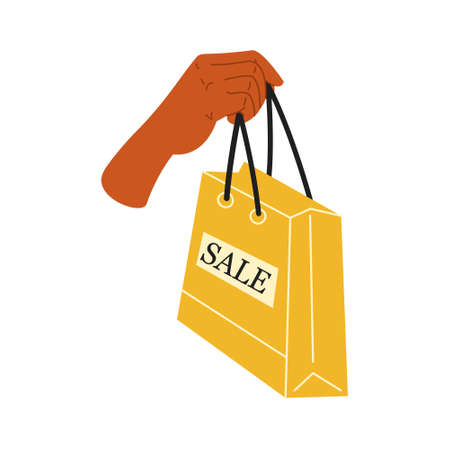Female hand holds shopping or gifts. Sale sign. Shopping bag, gifts. Hand drawn vector illustration. Shopping, discounts, sale concept.のイラスト素材