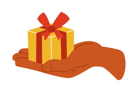 Gift box in hand on a white isolated background. The icon. Present. Vector illustrationのイラスト素材
