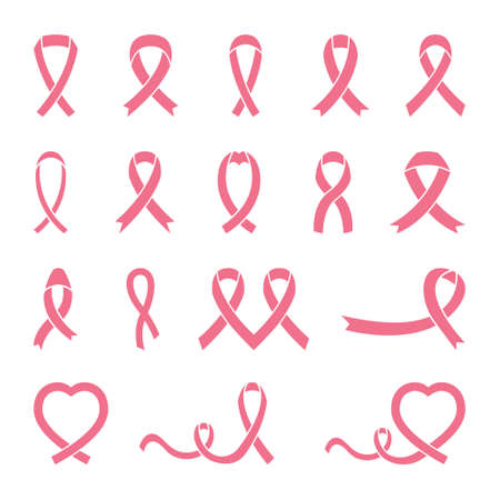 Set of pink ribbons for breast cancer awareness. Vector illustration on white isolated backgroundのイラスト素材