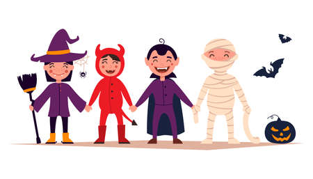 Happy Halloween. Set of cute cartoon kids in colorful Halloween costumes: witches, dragula, mummy, devil. Set of cartoon icons for kids Halloween design. vector and illustrationのイラスト素材