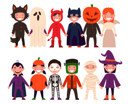 Set of children. Halloween, childrens party, or kids in a Halloween costume. Vector illustration on white isolated backgroundのイラスト素材