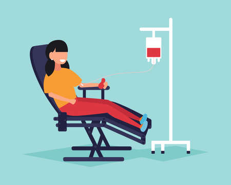 A girl gives blood sitting in a medical chair, giving blood. Donated blood. Vector illustrationのイラスト素材