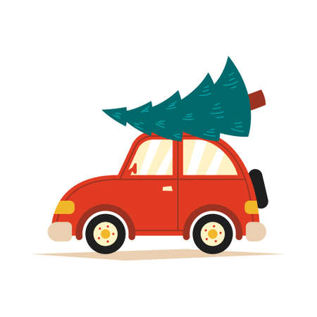 Vector illustration of a red car with a Christmas tree on the roof on a white isolated backgroundのイラスト素材