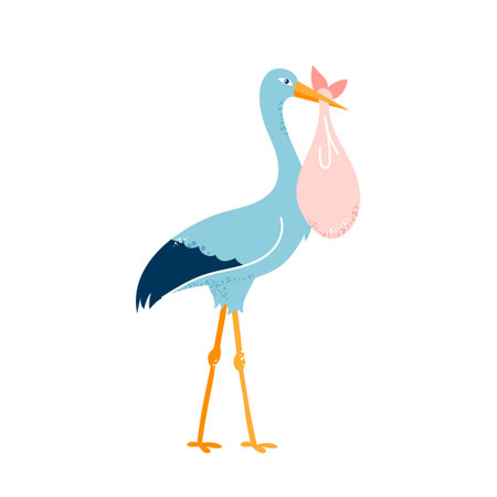 Baby card. The stork is carrying a child. Vector illustration on white isolated backgroundのイラスト素材