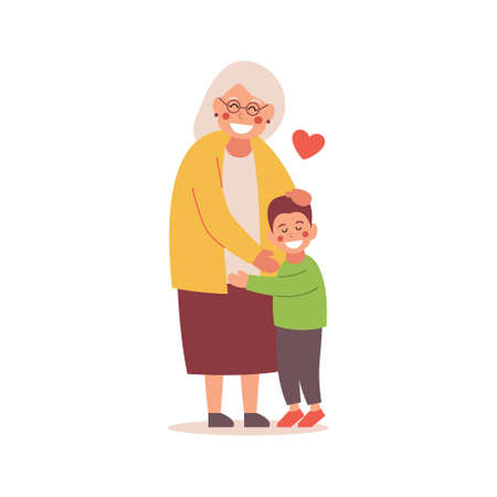 The grandson hugs his grandmother. Vector flat design illustration.のイラスト素材