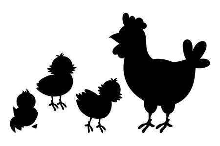 Hen and chickens, black silhouette. Vector illustration isolated on white backgroundのイラスト素材