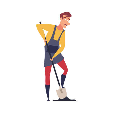 The farmer is digging in the ground. Vector illustration isolated on white background.のイラスト素材
