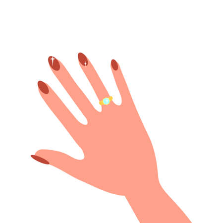 Elegant female hand with a beautiful manicure and a ring on her finger. Vector illustration isolated on white background.のイラスト素材