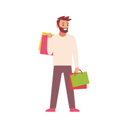 Shopping, people with bags from the store. Sale theme for your design. Vector illustration isolated on white background.のイラスト素材