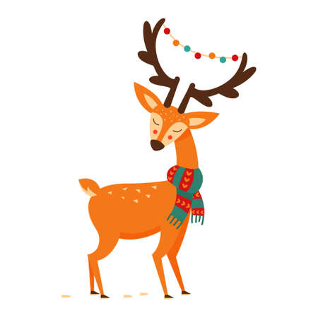 Cute deer with antlers, vector illustration. Drawing in a cartoon style.のイラスト素材