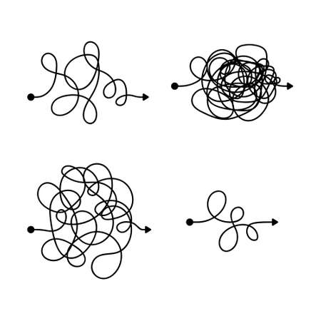 Vector symbol of complicated way with scribbled round element, chaos sign, pass the way linear arrow with clew or tangle ball in center.のイラスト素材