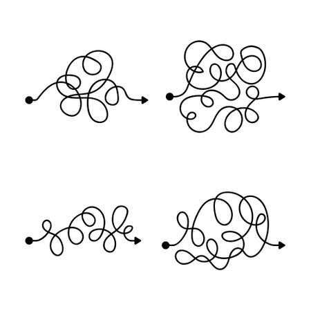 Vector symbol of complicated way with scribbled round element, chaos sign, pass the way linear arrow with clew or tangle ball in center.のイラスト素材