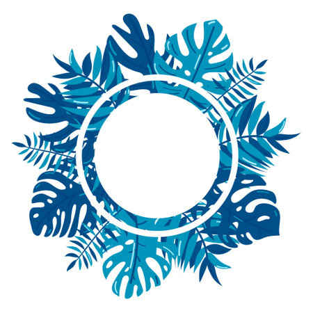Summer time poster, summer mood. Frame for text on a background of tropical leaves. Trendy vector illustration.のイラスト素材
