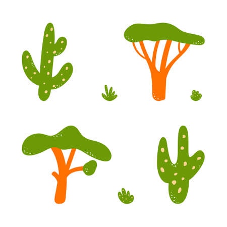 Various African trees and bushes on a white background.のイラスト素材