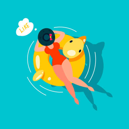 Pretty woman floats on an inflatable circle. Vector illustration.のイラスト素材