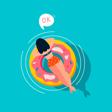 Pretty woman floats on an inflatable circle. Vector illustration.