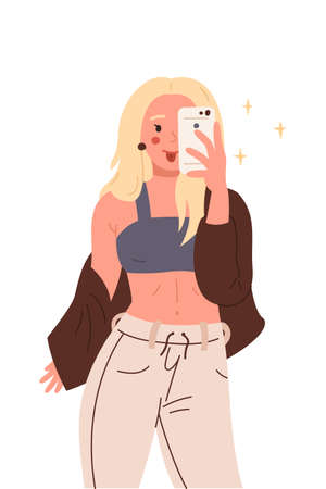 Girl taking a selfie. Vector flat cartoon illustration on white background.のイラスト素材