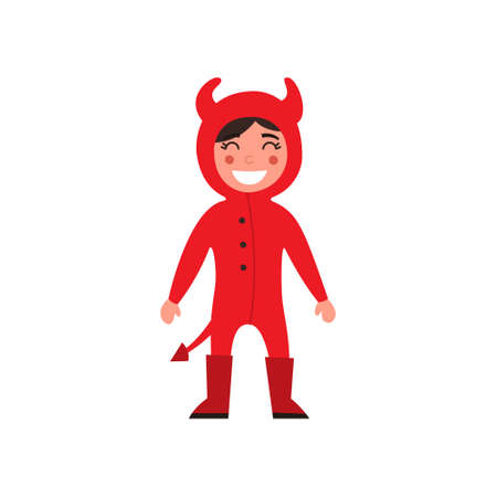 Vector cute cartoon kid in colorful Halloween costume devil. Cartoon character design isolated on white, used for children s books, stickers, posters, web pages.のイラスト素材
