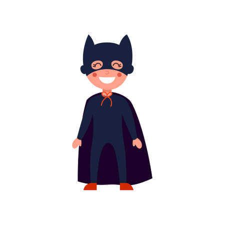 Kid in Halloween costume, little cute kid dressed as a bat, happy halloween party festival with kids trick or treatment cartoon vector illustration.のイラスト素材