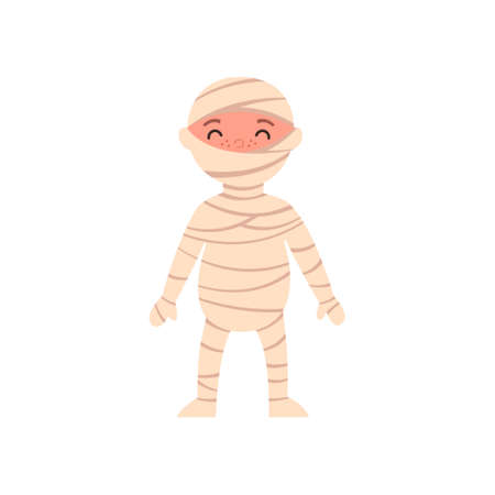 Children s party costume. Mummy, Boy in Halloween mummy costume laughs. Vector cartoon character for party, invitation, network, mascot. Isolated.のイラスト素材