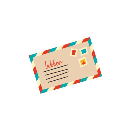 Vector illustration of funky retro airmail envelope with stamp isolated on white backgroundのイラスト素材