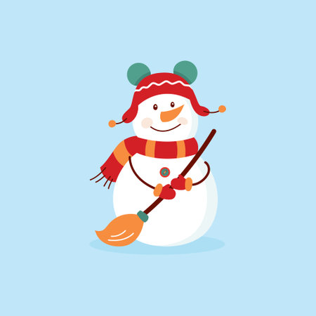 Funny cartoon snowman, postcard, illustration with a snowman on a blue background.のイラスト素材