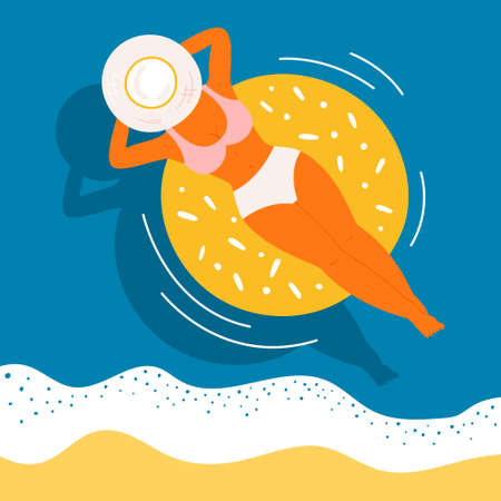 Woman on swimming rubber ring vector concept. Top view of a tanned girl with a hat on a blue water wave background. Relaxing, remote working character on the summer sea, beach, pool.のイラスト素材