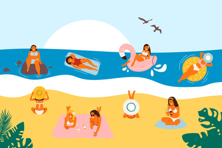 Summer vacation on the beach, vector illustration. Flat sea holiday activities, women, people travel...
