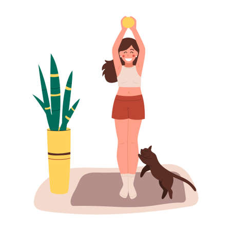 The girl is engaged in aerobics and in the morning performs meditation at home with pets, with a cat, a cat. Physical and spiritual practice. Vector illustration in flat cartoon styleのイラスト素材