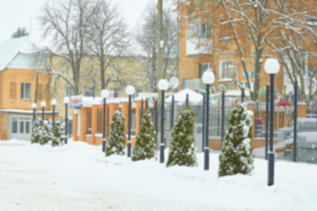 Street of the city in the snow. Blurred pictureの写真素材