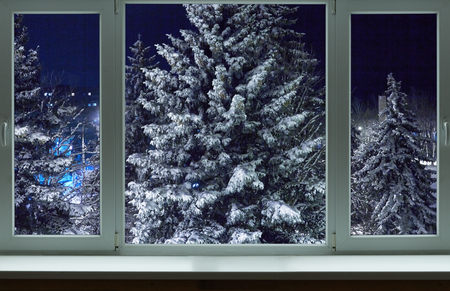 Large lush Christmas tree outside the windowの写真素材