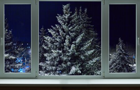 Christmas tree in the snow outside the windowの写真素材