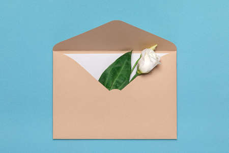Greeting card with postal envelope and flower. Flat lay holiday concept.の写真素材