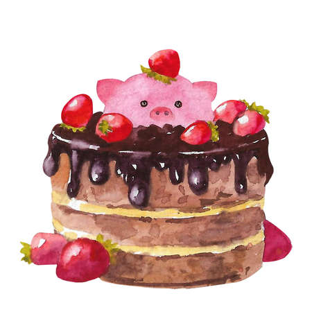 Watercolor Valentine's day pig. Piglet in the big cake isolated on white. Pink Piglet Love Day.の写真素材
