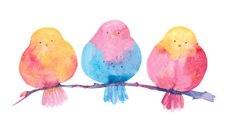 spring birds. Collection of watercolor birds on a branch for March 8の写真素材