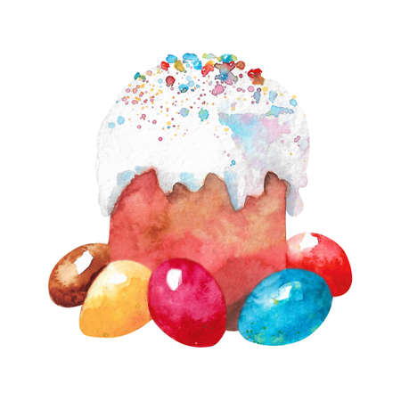 Watercolor Easter cake. Easter cake with colorful eggs.