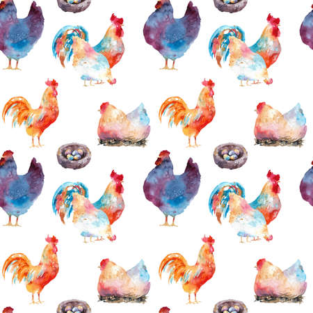 Roosters and hens pattern. Watercolor collection of various chickens and cockerels. isolated on whiteの写真素材
