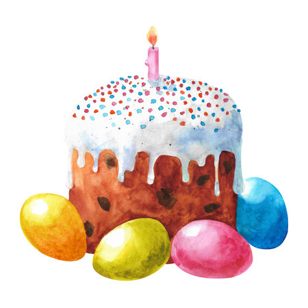 Watercolor easter cupcake with eggs. Hand made illustration isolated on white background.の写真素材