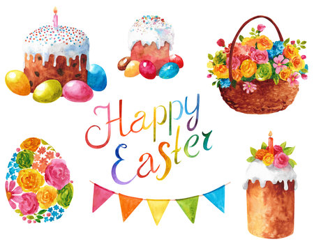 Watercolor Easter set. Hand draw illustration isolated on white background.の写真素材