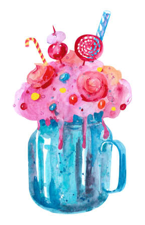 watercolor overshake. Pink blue colored drink illustration.の写真素材