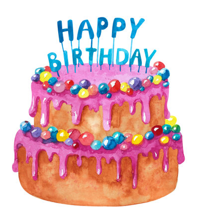 Watercolor pink cake. Cake in a pink package with sprinkles.の写真素材