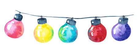 Watercolor garland of lamps. Hand made illustration isolated on white background.の写真素材