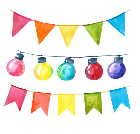 Watercolor garland of flags. Hand made illustration isolated on white background.の写真素材