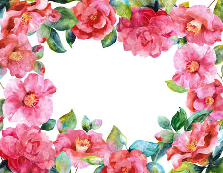 watercolor camellia. Set of camellias, buds and leaves for postcard.の写真素材